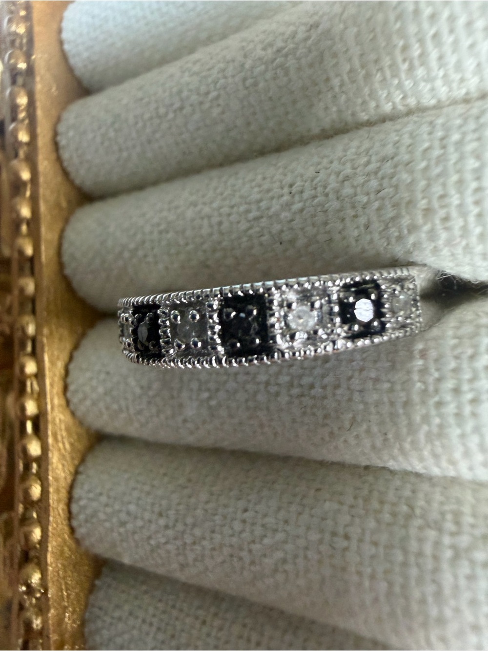 Sterling Silver Black and White Diamond Milgrain Band Ring